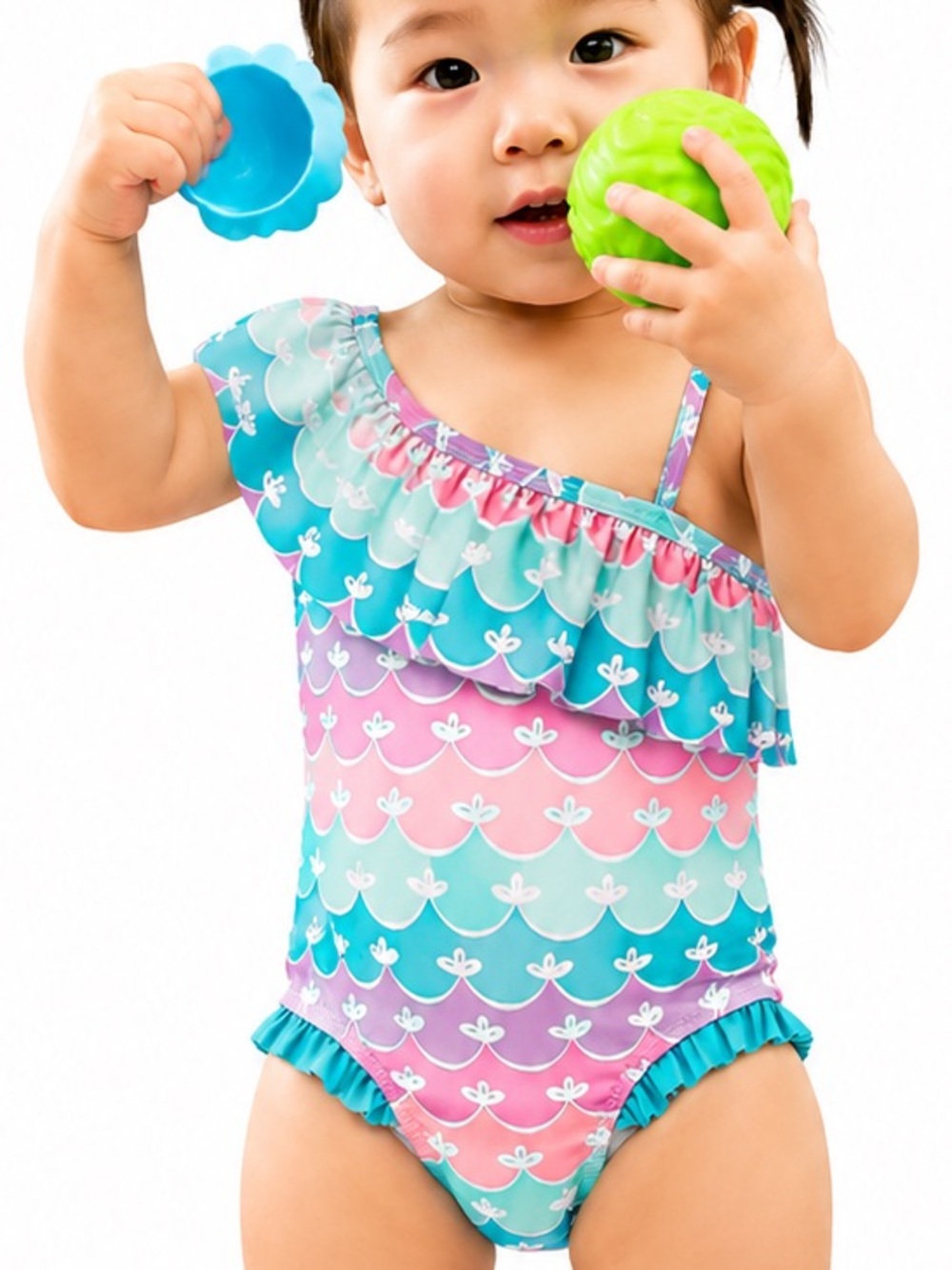 Ruffle Butts Pastel Mermaid Stripe One-Shoulder Swimsuit in Pink, Mint & Purple